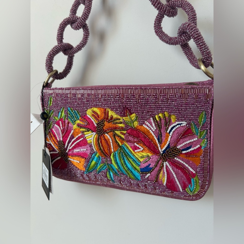 Viral Beaded purple hibiscus Embroidered Bag with Beaded Chain Strap - Picture 2 of 5